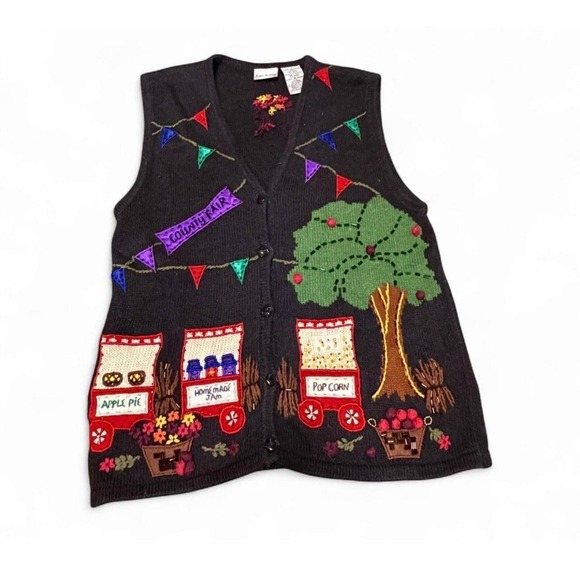 Bobbie Brooks Sweaters - VTG Bobbie Brooks Fall Festival Sweater Vest Apple Pie Popcorn Women's Medium